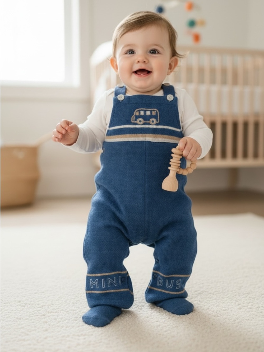 Blue knitted overalls with embroidered bus design dungarees 18-24m approx